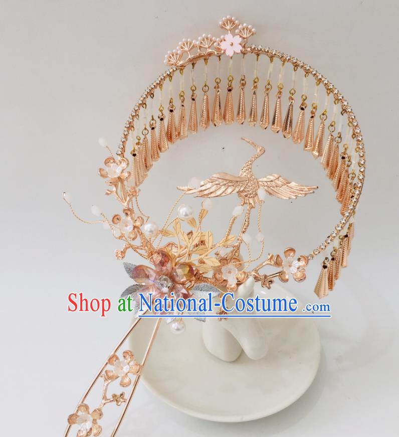 Chinese Handmade Bride Prop Traditional Tassel Hanfu Fan Ancient Wedding Round Fan Golden Crane Palace Fan