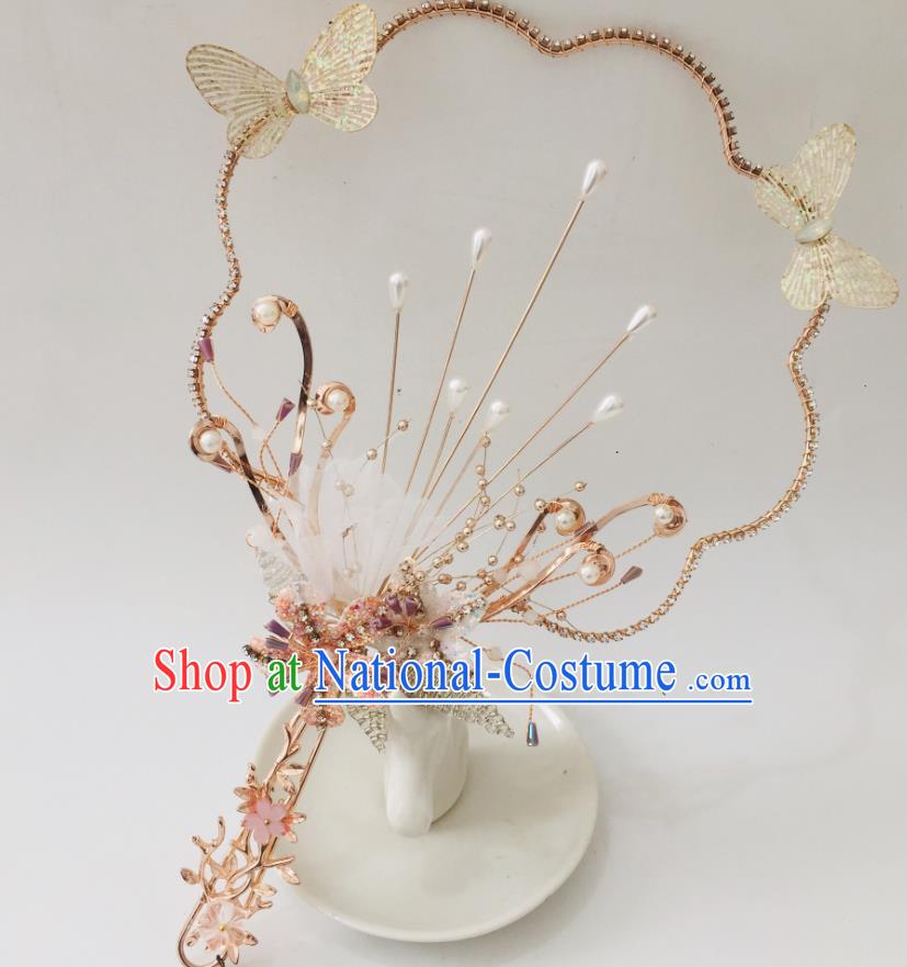 Chinese Ancient Wedding Round Fan Golden Butterfly Palace Fan Handmade Bride Prop Traditional Hanfu Fan