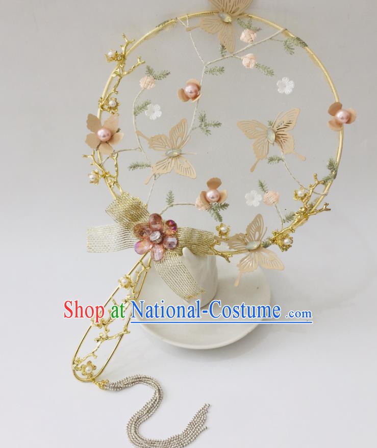 Chinese Ancient Wedding Bowknot Round Fan Palace Fan Handmade Bride Prop Traditional Golden Butterfly Hanfu Fan