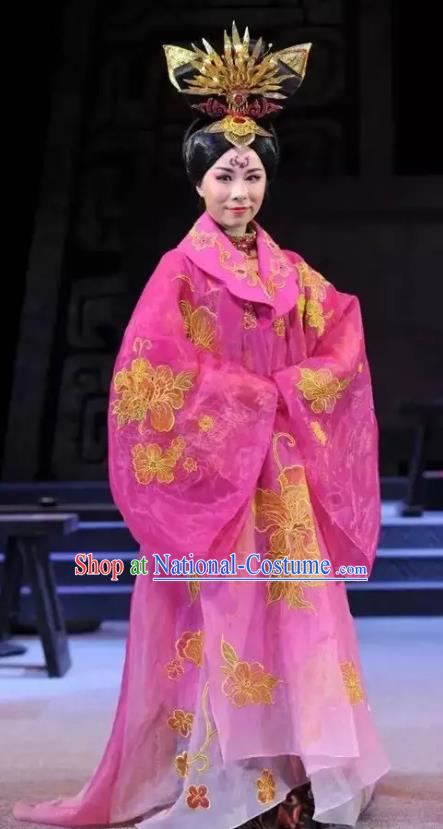 Chinese Han Opera Imperial Consort Garment Costumes and Headdress You Meng Yi Guan Traditional Hubei Hanchu Opera Hua Tan Apparels Court Lady Pink Dress