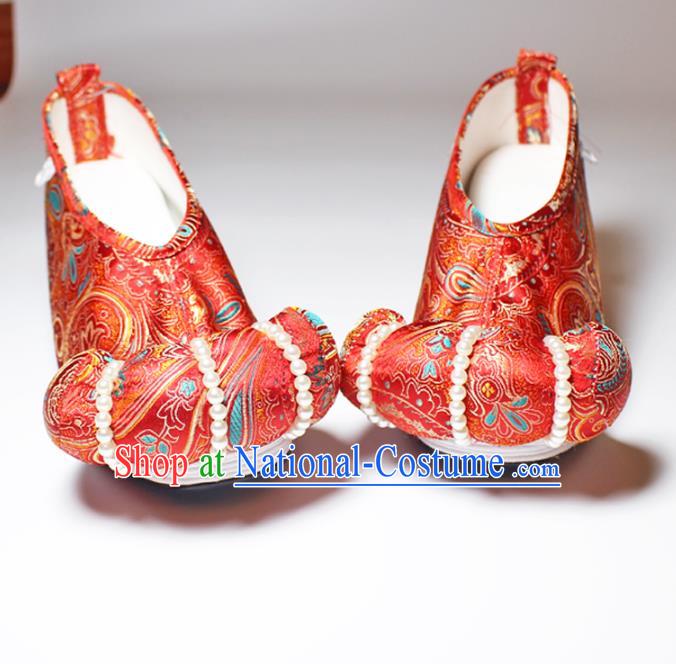 Chinese Traditional Handmade Red Satin Pearls Shoes Women Hanfu Shoes Ancient Princess Shoes Embroidered Shoes