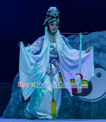 Chinese Han Opera Diva Li Guilian Garment Yin Yang River Costumes and Headdress Traditional Hubei Hanchu Opera Young Female Apparels Distress Woman Dress