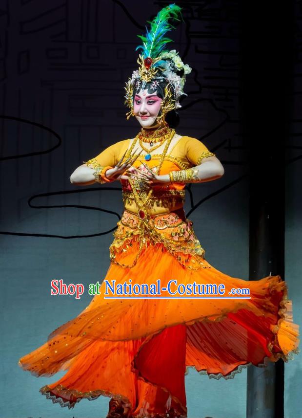 Chinese Han Opera Dance Lady Garment Ni Chang Chang Ge Costumes and Headdress Traditional Hubei Hanchu Opera Hua Tan Apparels Young Beauty Orange Dress