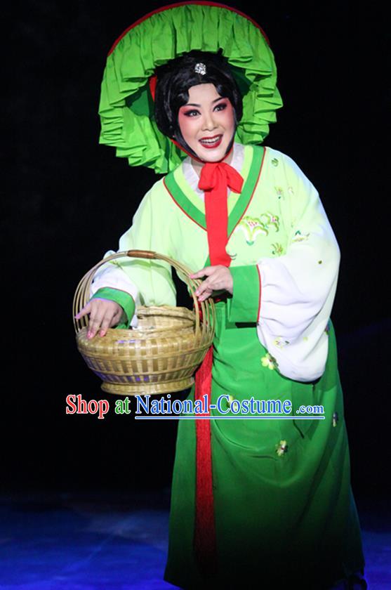 Chinese Han Opera Hua Tan Garment Legend of Meng Jiangnv Costumes and Headdress Traditional Hubei Hanchu Opera Country Woman Apparels Diva Green Dress