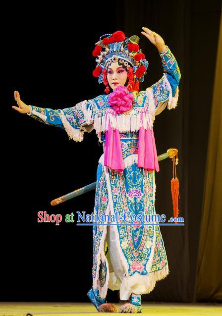 Chinese Han Opera Martial Woman Garment Hu Jia Zhuang Costumes and Headdress Traditional Hubei Hanchu Opera Actress Apparels Female Swordsman Hu Sanniang Dress