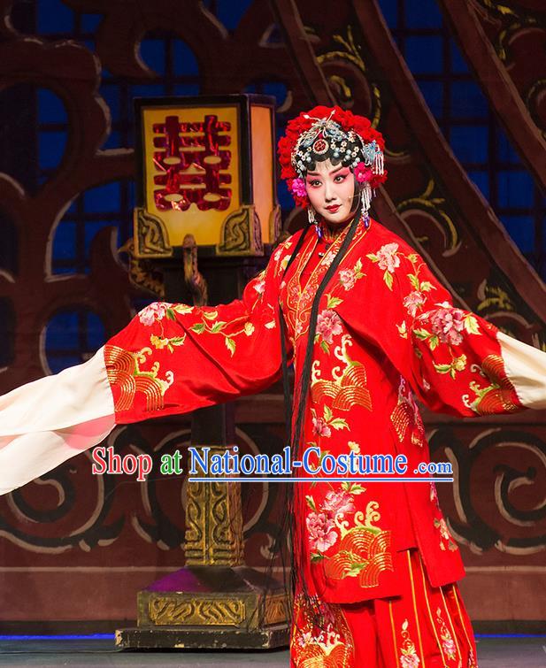 Chinese Han Opera Bride Garment Yu Zhou Feng Zhao Yanrong Costumes and Headdress Traditional Hubei Hanchu Opera Hua Tan Apparels Actress Red Dress