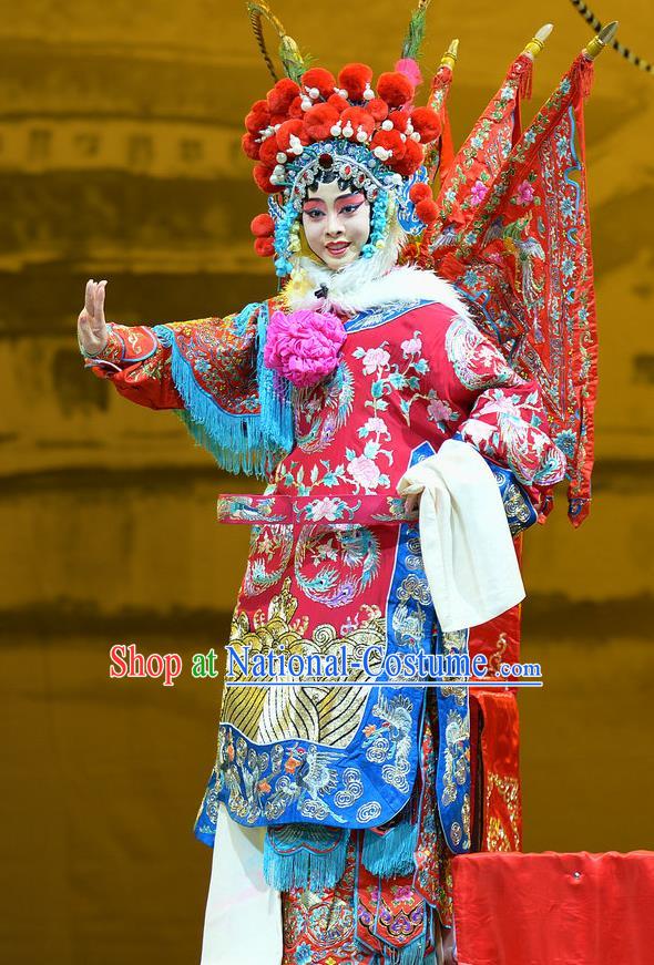 Chinese Han Opera Female General Red Kao Garment Mu Ke Zhai Costumes and Headdress Traditional Hubei Hanchu Opera Mu Guiying Apparels Tao Ma Tan Red Dress