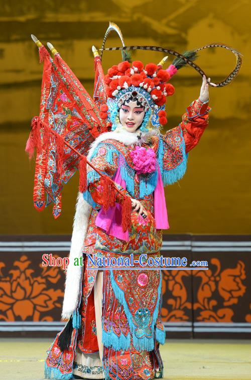 Chinese Han Opera Female General Garment Mu Ke Zhai Costumes and Headdress Traditional Hubei Hanchu Opera Tao Ma Tan Apparels Red Mu Guiying Kao Dress with Flags