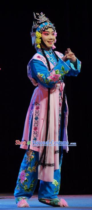 Chinese Han Opera Xiaodan Garment Hua Deng An Costumes and Headdress Traditional Hubei Hanchu Opera Maid Lady Apparels Servant Girl Dress