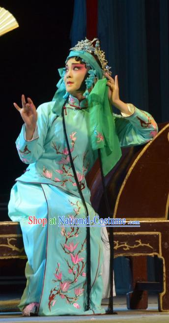 Chinese Han Opera Actress Chen Caifeng Garment Hua Deng An Costumes and Headdress Traditional Hubei Hanchu Opera Hua Tan Apparels Young Beauty Green Dress