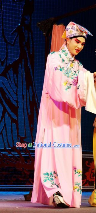 Hua Deng An Chinese Hubei Hanchu Opera Scholar Apparels Costumes and Headpieces Traditional Han Opera Xiaosheng Garment Wang Daru Pink Robe Clothing