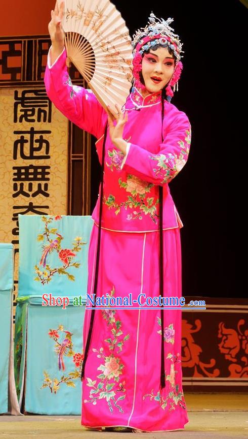 Chinese Han Opera Actress Garment Hua Deng An Costumes and Headdress Traditional Hubei Hanchu Opera Hua Tan Apparels Young Beauty Chen Caifeng Rosy Dress