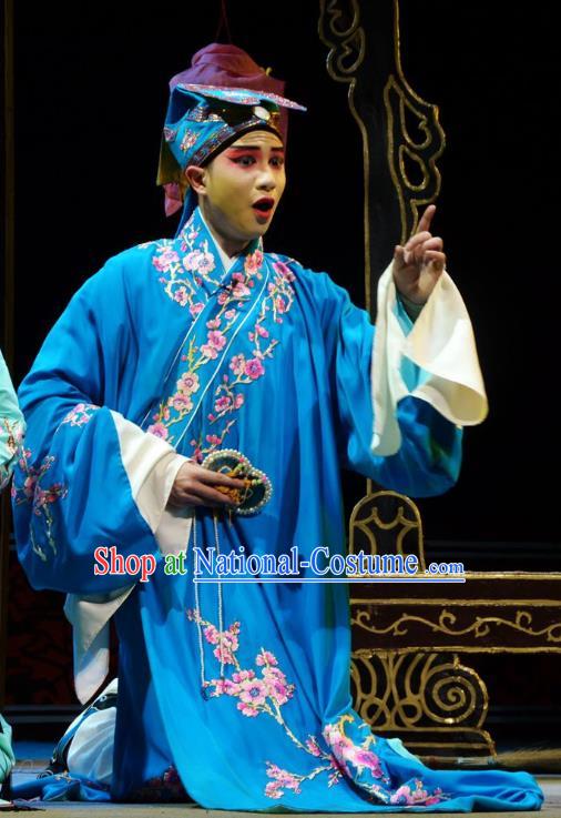 Hua Deng An Chinese Hubei Hanchu Opera Niche Apparels Costumes and Headpieces Traditional Han Opera Xiaosheng Garment Scholar Wang Daru Blue Robe Clothing