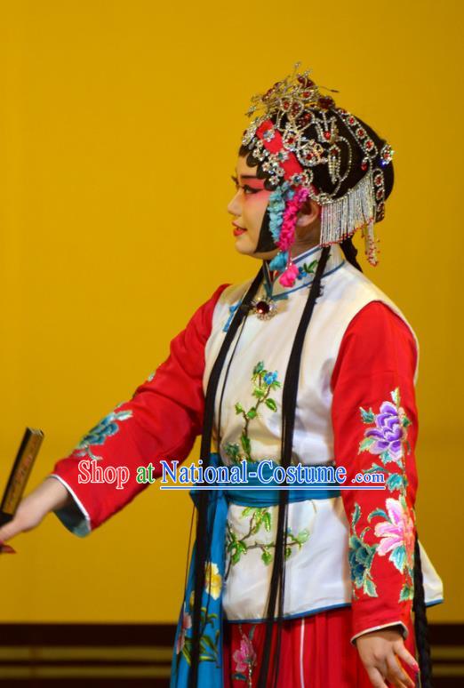 Chinese Han Opera Xiaodan Garment Hua Tian Ba Cuo Costumes and Headdress Traditional Hubei Hanchu Opera Maid Lady Apparels Servant Girl Chun Lan Dress