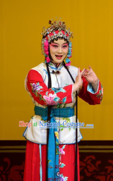 Chinese Han Opera Xiaodan Garment Hua Tian Ba Cuo Costumes and Headdress Traditional Hubei Hanchu Opera Maid Lady Apparels Servant Girl Chun Lan Dress