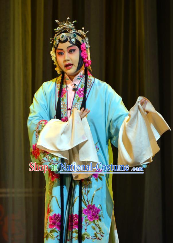 Chinese Han Opera Hua Tan Liu Yuyan Garment Hua Tian Ba Cuo Costumes and Headdress Traditional Hubei Hanchu Opera Young Beauty Apparels Diva Blue Dress