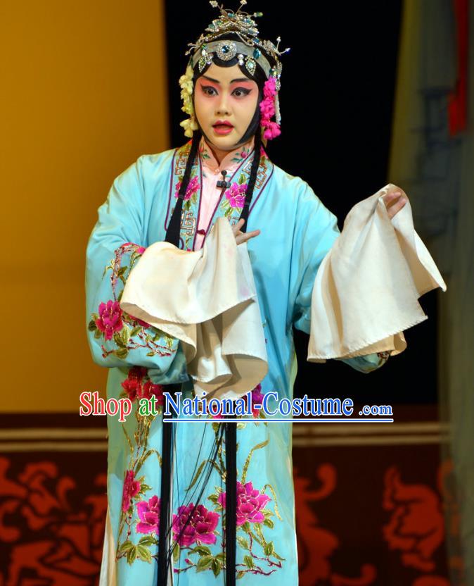 Chinese Han Opera Hua Tan Liu Yuyan Garment Hua Tian Ba Cuo Costumes and Headdress Traditional Hubei Hanchu Opera Young Beauty Apparels Diva Blue Dress