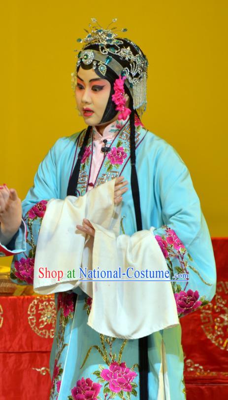 Chinese Han Opera Hua Tan Liu Yuyan Garment Hua Tian Ba Cuo Costumes and Headdress Traditional Hubei Hanchu Opera Young Beauty Apparels Diva Blue Dress