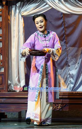 Chinese Han Opera Actress Garment Shi Niang Costumes and Headdress Traditional Hubei Hanchu Opera Young Woman Apparels Lilac Dress