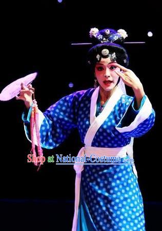 Chinese Han Opera Country Female Garment Butterfly Dream Costumes and Headdress Traditional Hubei Hanchu Opera Young Mistress Apparels Actress Blue Dress