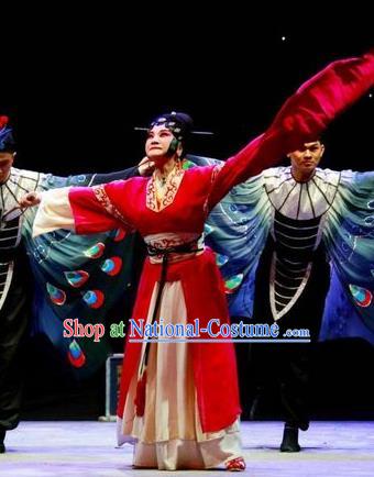 Chinese Han Opera Diva Garment Butterfly Dream Costumes and Headdress Traditional Hubei Hanchu Opera Young Woman Apparels Actress Red Dress