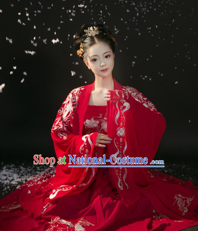 Chinese Ancient Royal Princess Red Dress Traditional Wedding Hanfu Apparels Tang Dynasty Historical Costumes and Headdress Complete Set