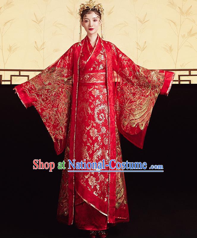 Chinese Ancient Bride Red Dress Traditional Hanfu Apparels Han Dynasty Princess Wedding Historical Costumes and Headdress Complete Set for Women