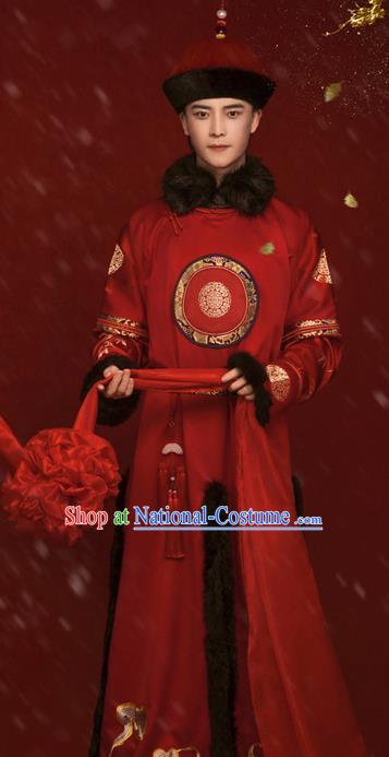 Chinese Traditional Wedding Hanfu Apparels Ancient Qing Dynasty Noble Prince Historical Costumes and Hat for Men