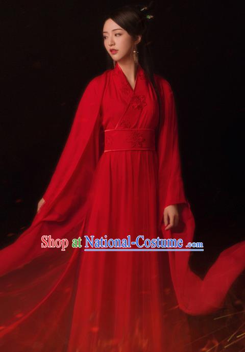 Chinese Traditional Tang Dynasty Female Swordsman Red Hanfu Dress Apparels Ancient Young Lady Historical Costumes and Headpieces Complete Set