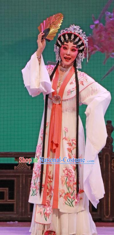 Chinese Cantonese Opera Rich Lady Garment The Peony Pavilion Costumes and Headdress Traditional Guangdong Opera Hua Tan Apparels Diva Du Liniang White Dress