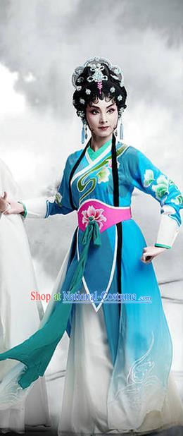 Chinese Cantonese Opera Young Lady Garment The Fairy Tale of White Snake Costumes and Headdress Traditional Guangdong Opera Xiaodan Apparels Diva Xiao Qing Blue Dress