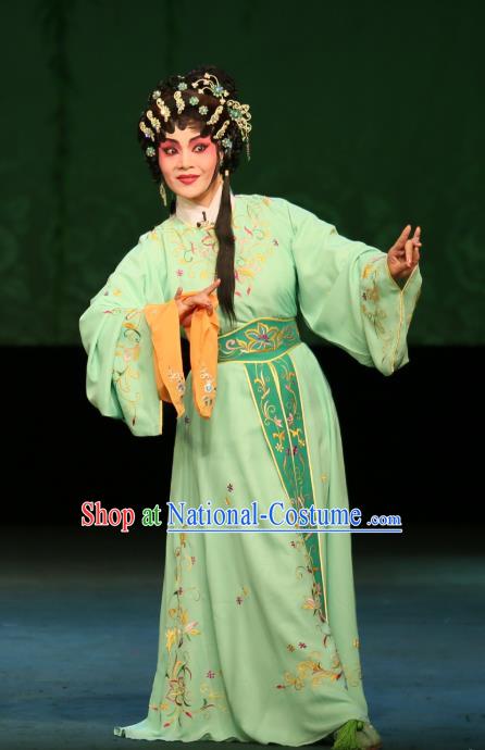 Chinese Cantonese Opera Xiaodan Garment The Fairy Tale of White Snake Xiao Qing Costumes and Headdress Traditional Guangdong Opera Young Lady Apparels Green Dress