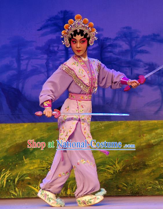 Chinese Cantonese Opera Wudan Garment Costumes and Headdress Traditional Guangdong Opera Swordswoman Apparels Martial Female Purple Dress