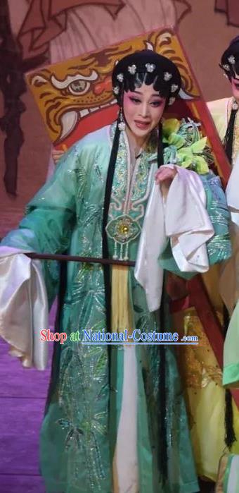 Chinese Cantonese Opera Diva Garment Hua Yue Ying Costumes and Headdress Traditional Guangdong Opera Young Beauty Apparels Hua Tan Du Caiwei Green Dress