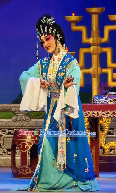 Chinese Cantonese Opera Young Beauty Garment Costumes and Headdress Traditional Guangdong Opera Diva Xi Shi Apparels Hua Tan Blue Dress