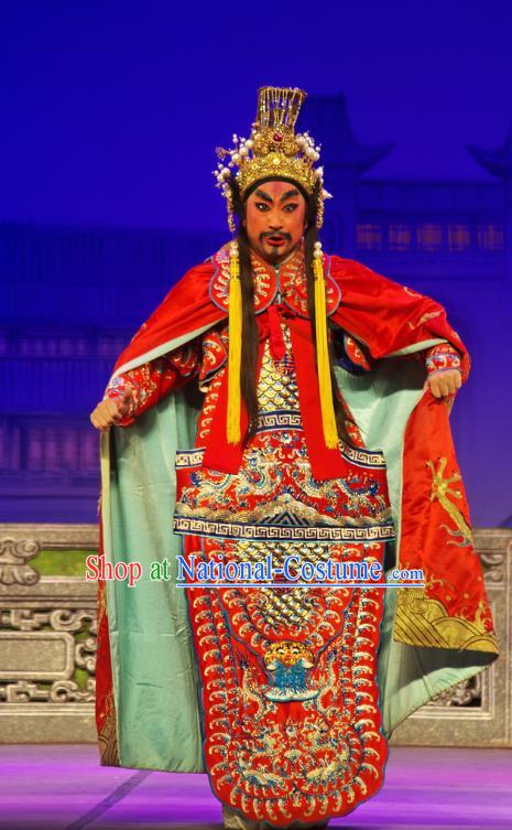 Chinese Guangdong Opera Monarch Red Armor Apparels Costumes and Headpieces Traditional Cantonese Opera King of Wu Garment Duke Fuchai Clothing