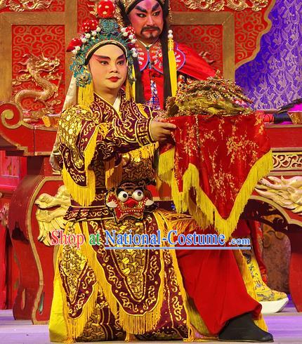 Chinese Guangdong Opera Martial Male Armor Apparels Costumes and Headpieces Traditional Cantonese Opera Wusheng Garment Soldier Clothing