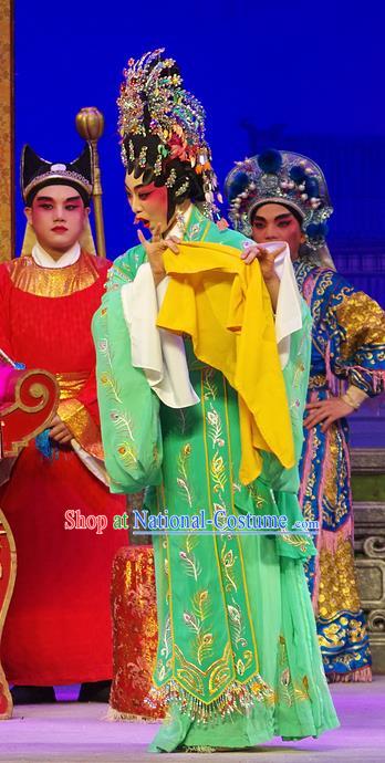 Chinese Cantonese Opera Hua Tan Zheng Dan Garment Costumes and Headdress Traditional Guangdong Opera Imperial Consort Apparels Court Woman Green Dress