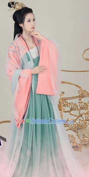 Chinese Traditional Tang Dynasty Royal Princess Hanfu Dress Apparels Ancient Palace Lady Historical Costumes and Headpieces Complete Set