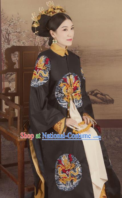 Chinese Traditional Qing Dynasty Imperial Consort Hanfu Dress Apparels Ancient Manchu Palace Empress Historical Costumes and Headdress Complete Set