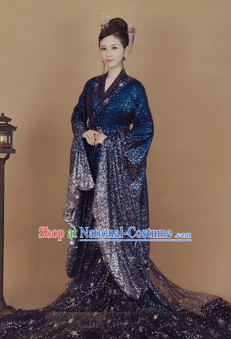 Chinese Traditional Drama Goddess Hanfu Dress Apparels Ancient Fairy Princess Historical Costumes and Headpieces Complete Set for Women