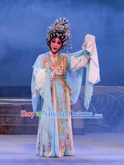 Chinese Cantonese Opera Hua Tan Xi Shi Garment Costumes and Headdress Traditional Guangdong Opera Hua Tan Apparels Empress Blue Dress