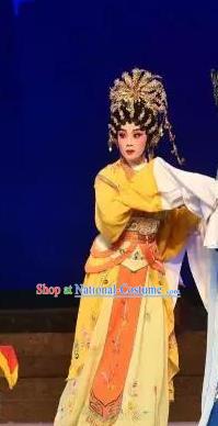 Chinese Cantonese Opera Empress Xi Shi Garment Costumes and Headdress Traditional Guangdong Opera Hua Tan Apparels Queen Yellow Dress