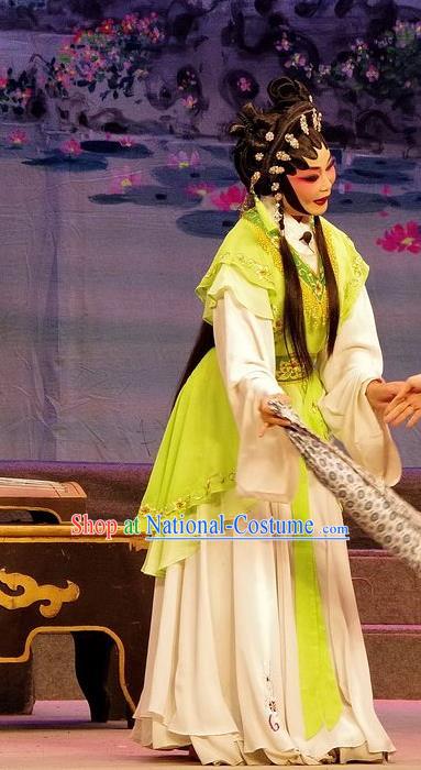 Chinese Cantonese Opera Xiao Pan Garment Qian Tang Su Xiaoxiao Costumes and Headdress Traditional Guangdong Opera Xiaodan Apparels Maid Lady Green Dress