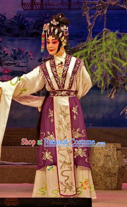 Chinese Cantonese Opera Hua Tan Garment Qian Tang Su Xiaoxiao Costumes and Headdress Traditional Guangdong Opera Actress Apparels Courtesan Purple Dress