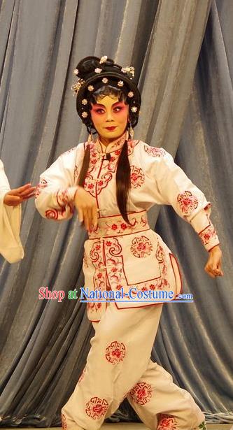 Chinese Cantonese Opera Martial Female Garment Qian Tang Su Xiaoxiao Costumes and Headdress Traditional Guangdong Opera Wudan Apparels Swordswoman Dress