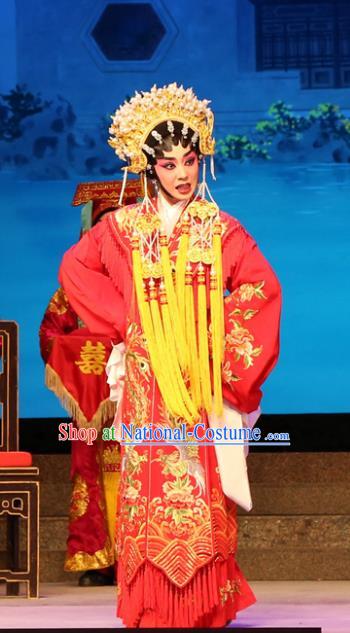 Chinese Cantonese Opera Bride Garment Legend of Lun Wenxu Costumes and Headdress Traditional Guangdong Opera Hua Tan Apparels Wedding Red Dress