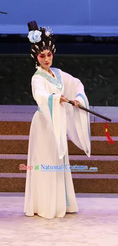 Chinese Cantonese Opera Palace Lady Garment Southern Tang Emperor Costumes and Headdress Traditional Guangdong Opera Xiaodan Apparels Court Maid White Dress