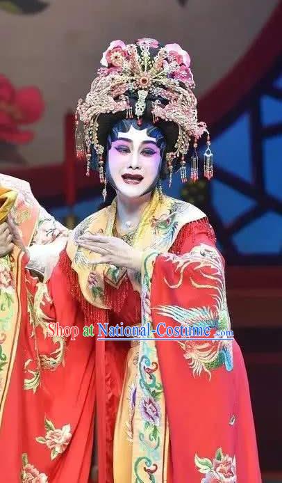 Chinese Cantonese Opera Young Female Garment Southern Tang Emperor Costumes and Headdress Traditional Guangdong Opera Hua Tan Apparels Empress Zhou Red Dress