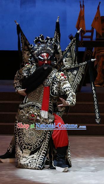 General Ma Chao Chinese Guangdong Opera Black Kao Apparels Costumes and Headpieces Traditional Cantonese Opera Shogun Garment Armor Clothing with Flags